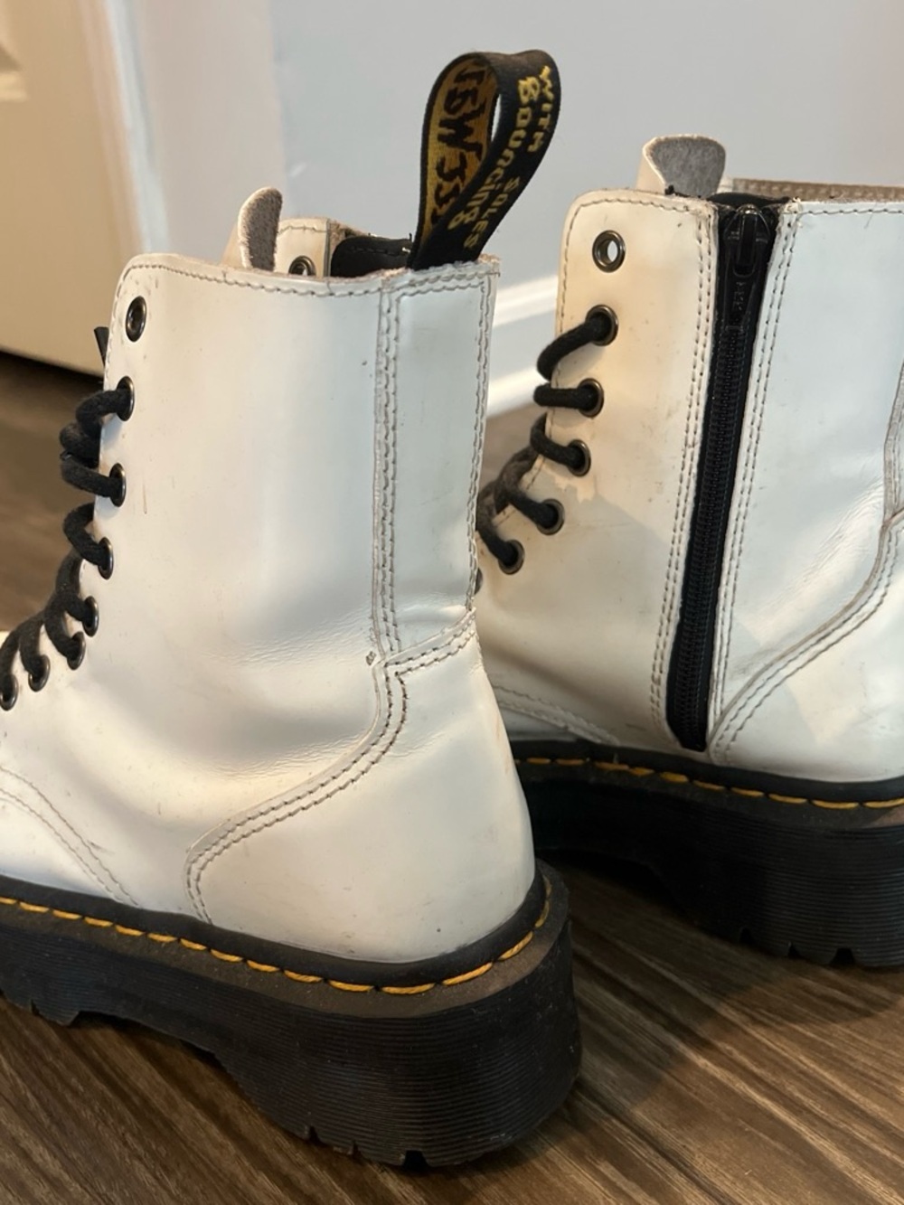 White Platform Lace-Up Combat Boots with Side Zip